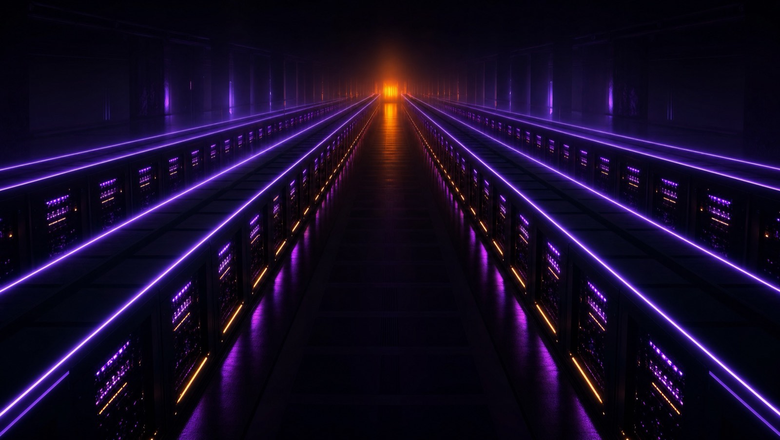 Rows of compute receding into darkness under violet light · Quantum Ventura, makers of CyberNeuro-RT (CNRT) · machine learning anomaly detection for enterprise and government networks · edge-to-cloud network security · Discovium AI materials discovery