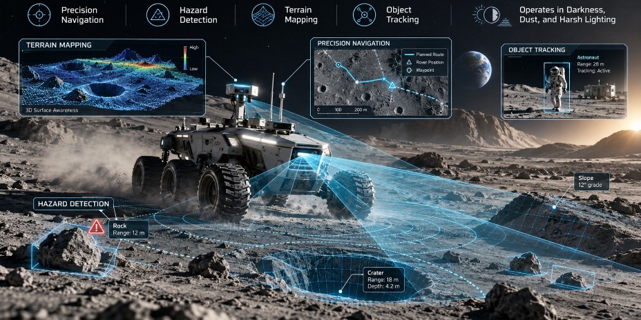 An autonomous rover on the lunar surface using radar to map terrain, detect rocks and craters, navigate a planned route and track an astronaut · Quantum Ventura, makers of CyberNeuro-RT (CNRT) · deep-tech R&D for the Department of Defense and Department of Energy · neuromorphic computing and BrainChip Akida · Quantum Ventura cybersecurity products